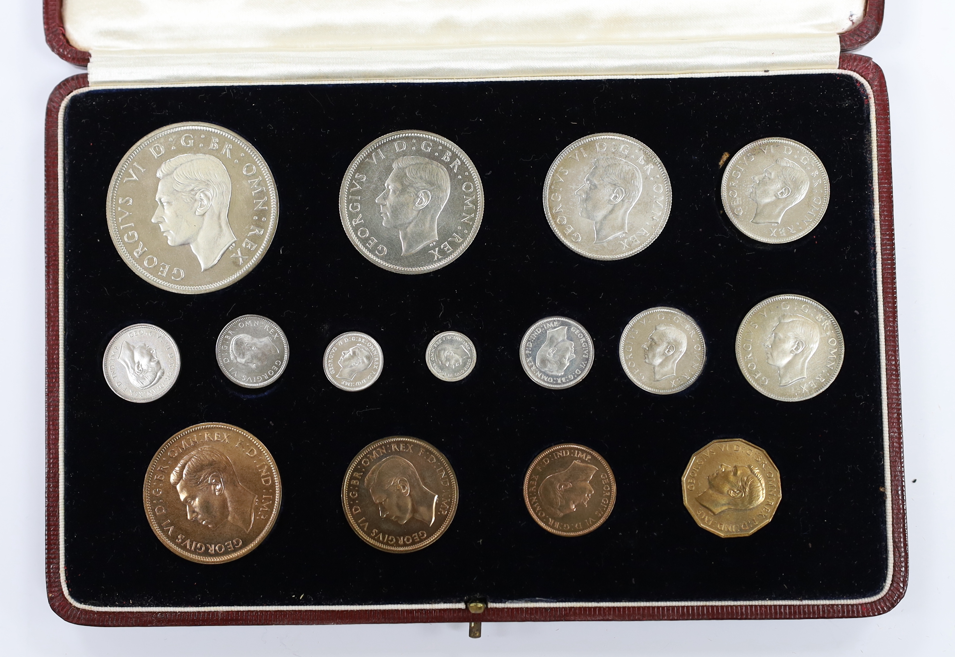 British coins, George VI coronation specimen coin set 1937, aFDC, maundy 1d to 4d and farthing to crown, in original Royal Mint case